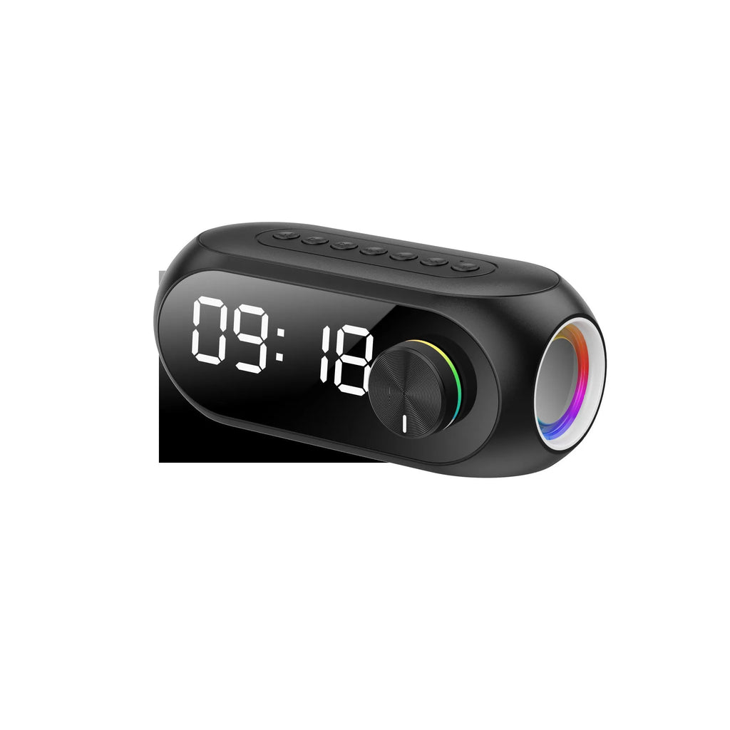 Mini portable Bluetooth speaker with extra bass and digital clock display in black, white, or blue