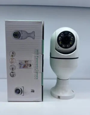 Wireless WiFi bulb security camera with plastic and metal housing measuring 5cm by 12cm