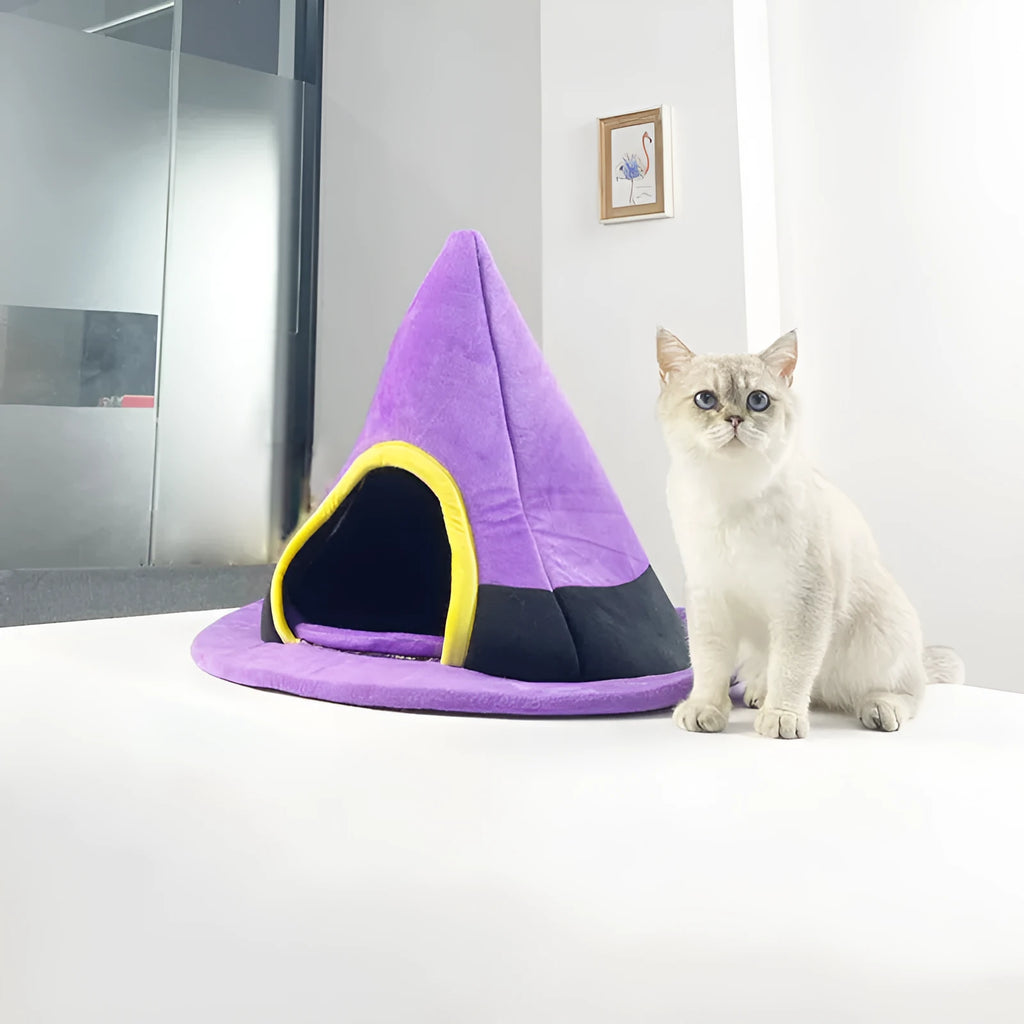 Purple witch hat shaped cat nest bed measuring 60x46cm for Halloween pet bedding