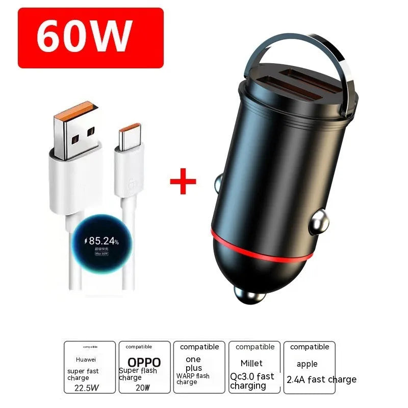 Black 200W super fast car charger with compact zinc alloy design and USB output port