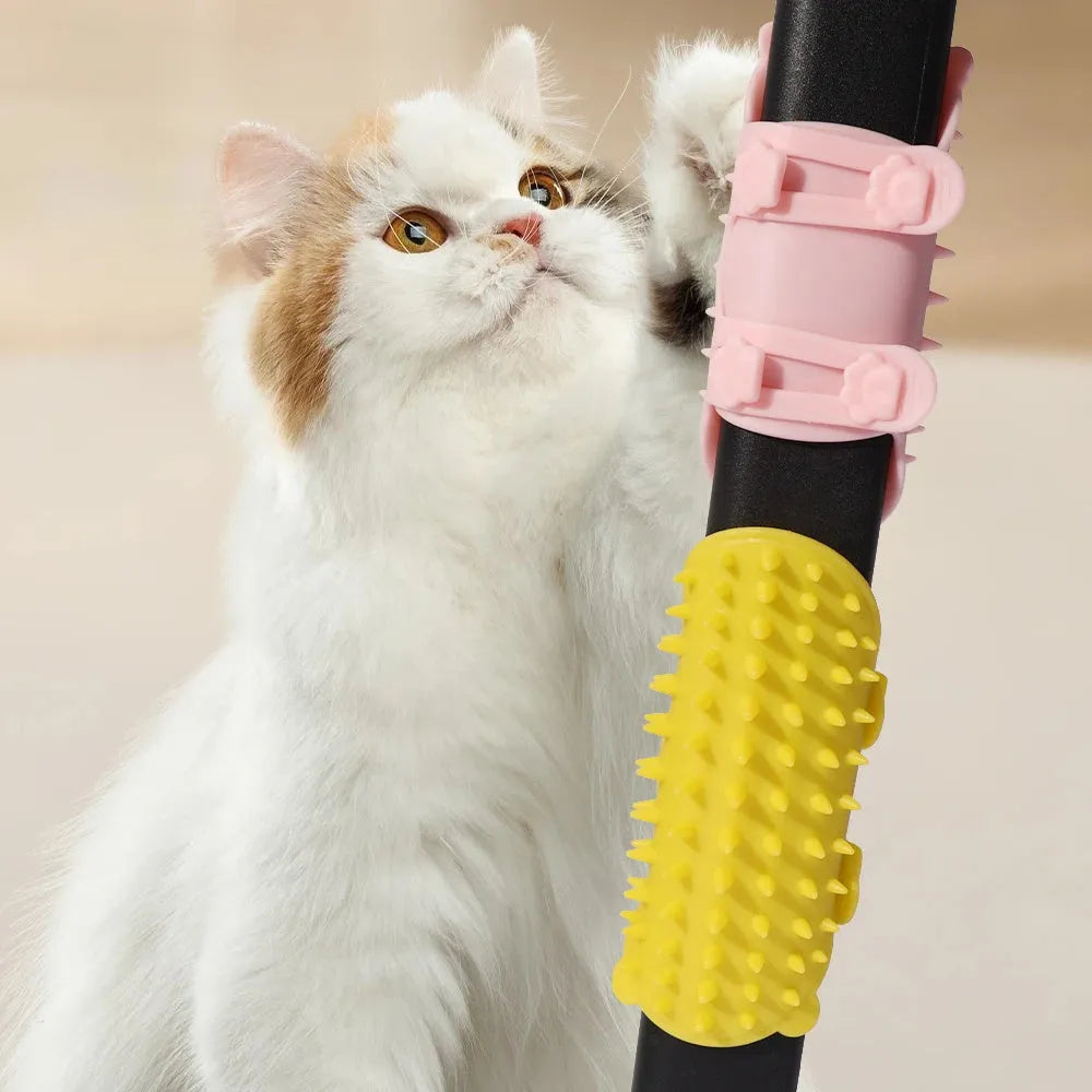 Silicone cat grooming comb and scratcher set with adjustable strap in black, green, pink, or yellow.