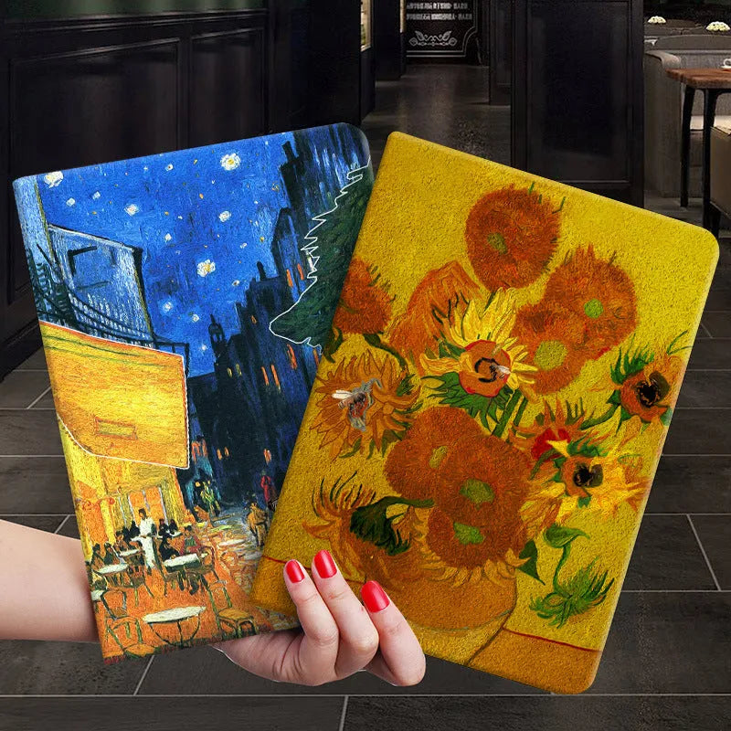 Handmade liquid silicone iPad flip case with hand-painted floral design in apricot flower pattern