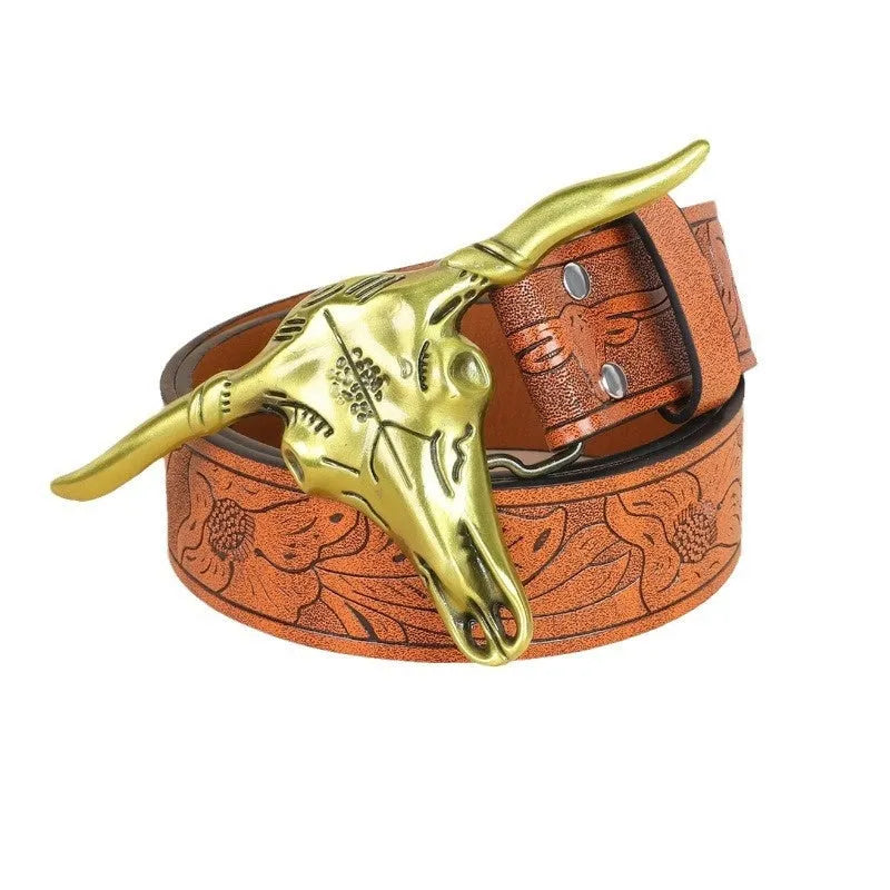 Men's imitation leather belt with a detailed alloy cow head buckle and pin buckle fastener.