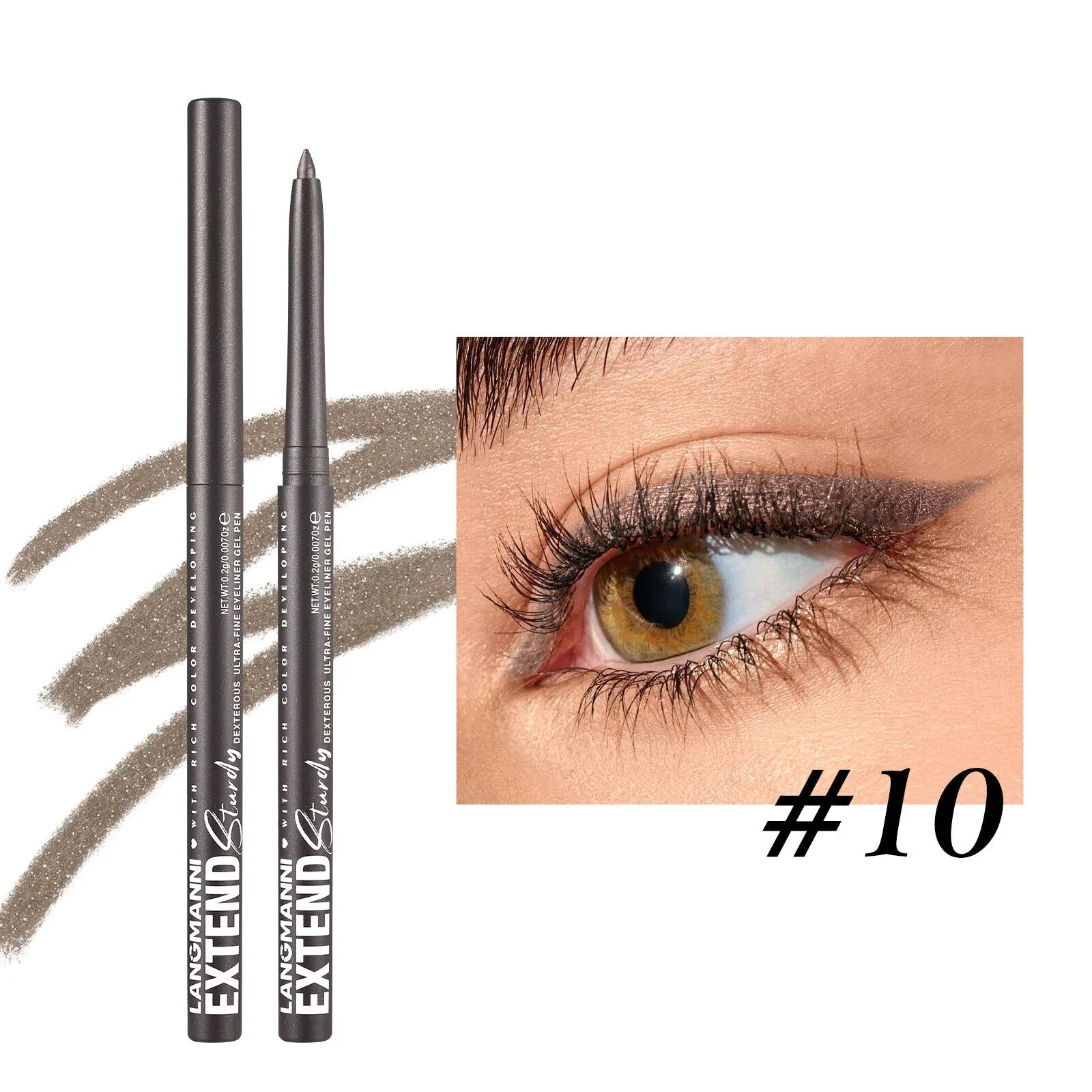 Set of 12 colourful gel glitter eyeliner pencils with various shades on white background