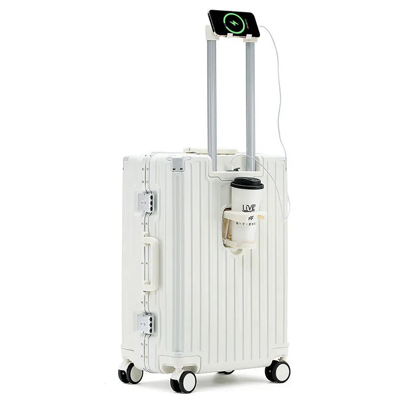 Hard-shell aluminium frame suitcase in avocado green with USB port and universal wheels.