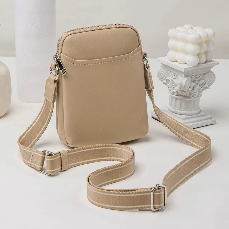 Solid colour PU leather mobile phone crossbody shoulder bag in black, beige, khaki, or green