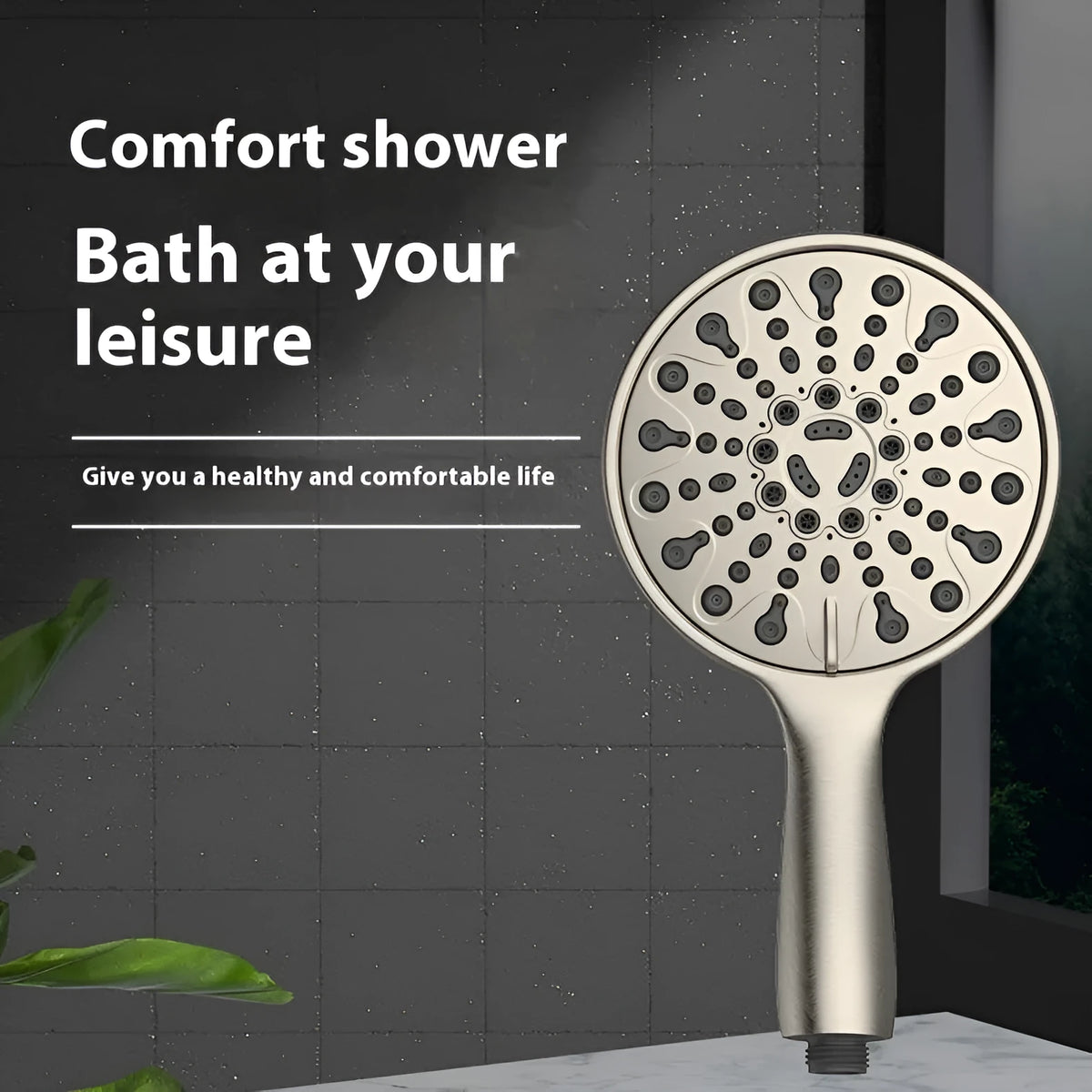 Six-inch diameter handheld shower head with an electroplated chrome finish, showing multiple spray face settings.