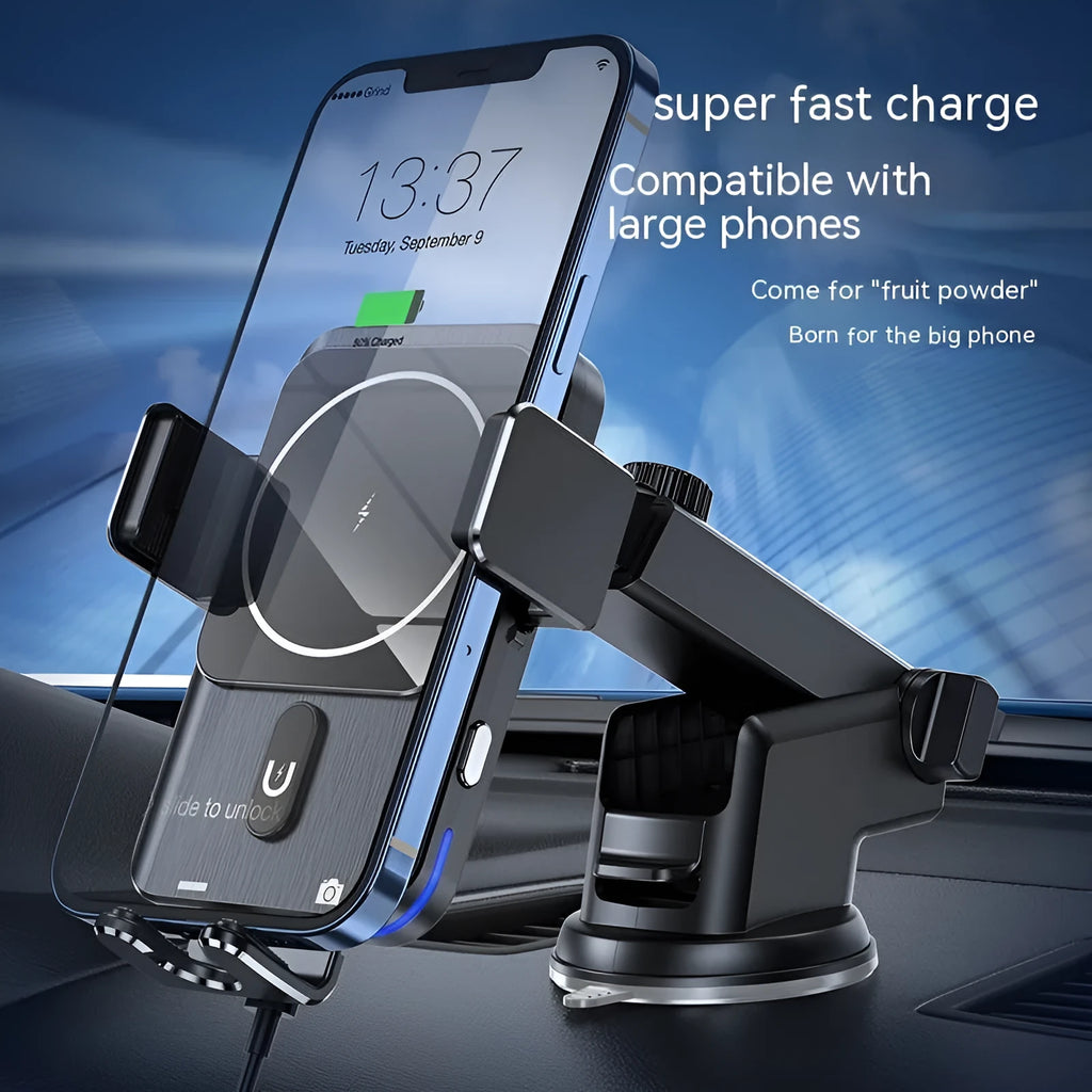Black car wireless phone charger holder with 15W fast charging, shown with suction cup and clip mounting options.