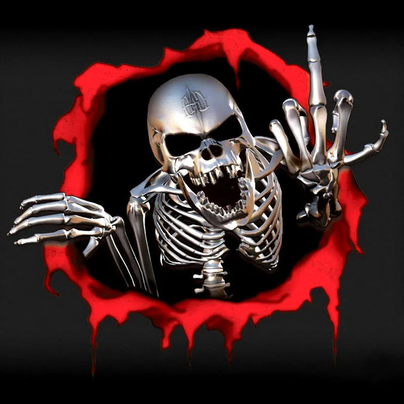 Reflective car sticker with metal skull and colourful broken shell pattern measuring 15cm by 14cm