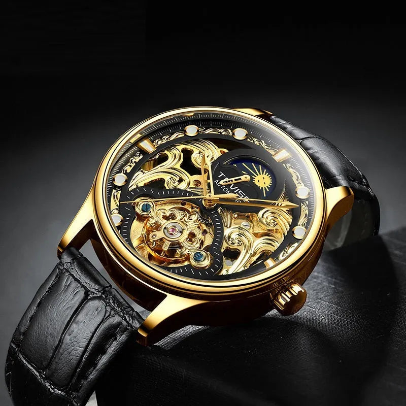 Men's gold leather strap automatic mechanical watch with waterproof business design