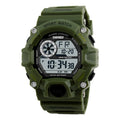 Waterproof multifunctional electronic sports watch with round dial and plastic strap in army green colour