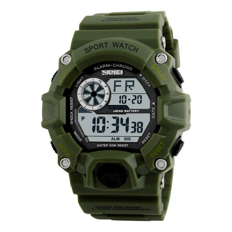 Waterproof multifunctional electronic sports watch with round dial and plastic strap in army green colour