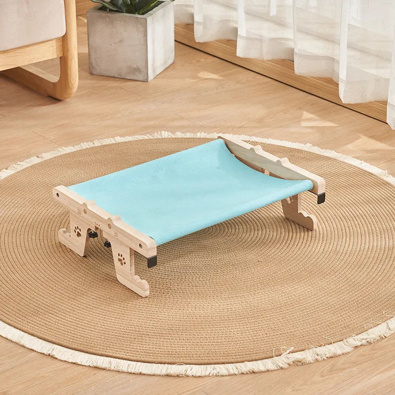 Wooden cat hanging bed hammock mounted on a balcony railing, one of seven available style variations.