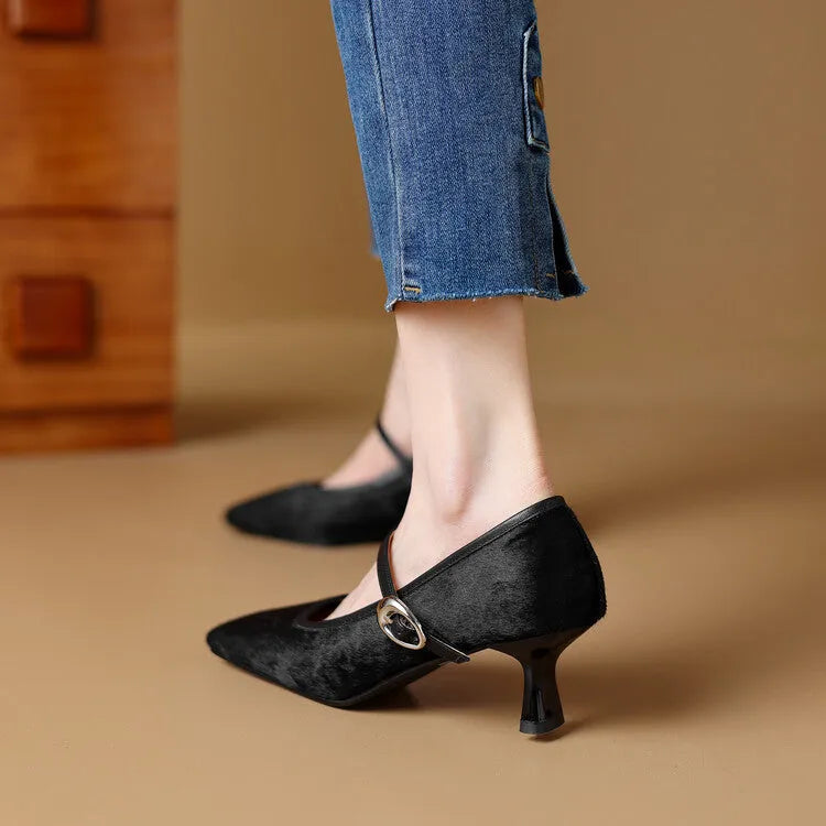 Women's black square toe stiletto ankle-strap shoes with horse hair upper and buckle closure.