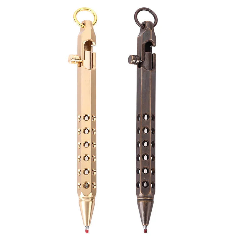 Brass hexagonal bolt pen with six-angle barrel showing brass natural colour finish