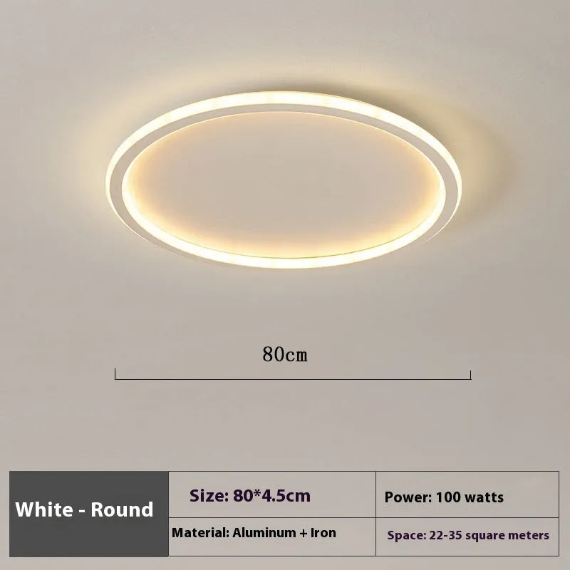 Modern minimalist circular LED ceiling lamp in black, gold, or white finish, shown in 60cm and 80cm sizes.