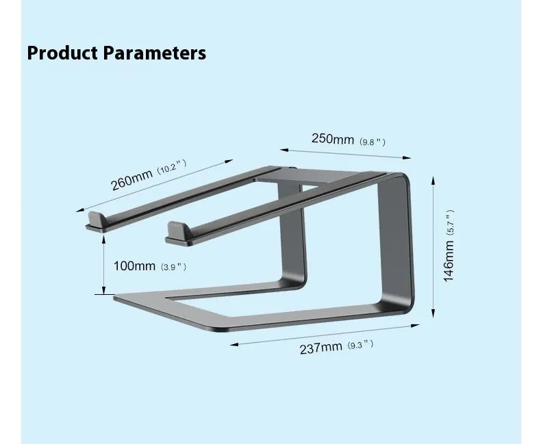 Aluminium alloy laptop stand in black colour on desktop