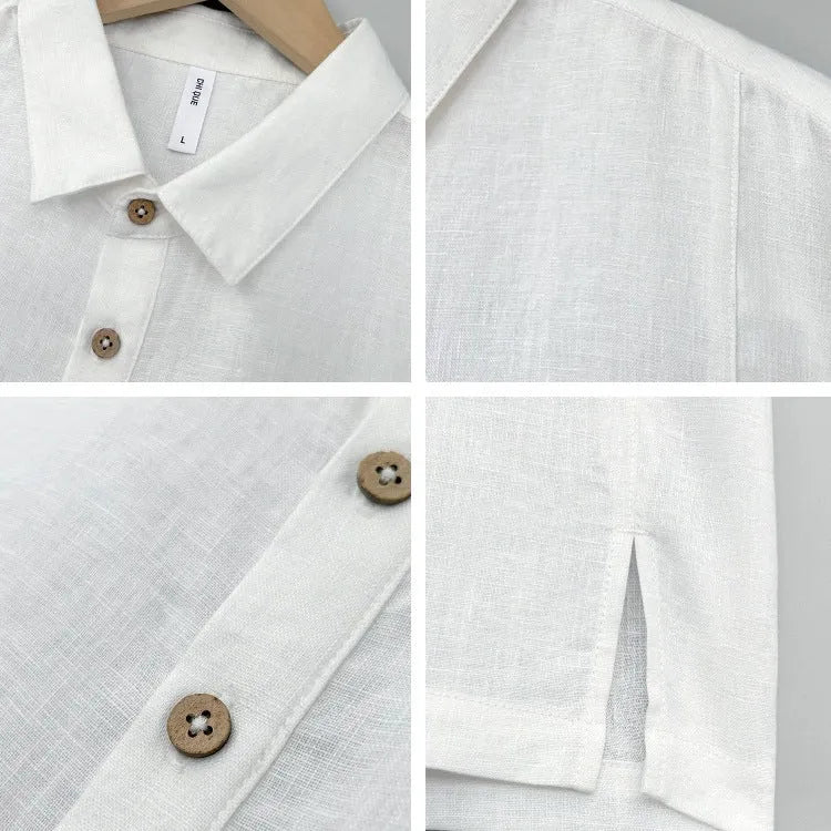 Men's loose-fit linen summer top with thin lapel collar and short sleeves on a hanger.