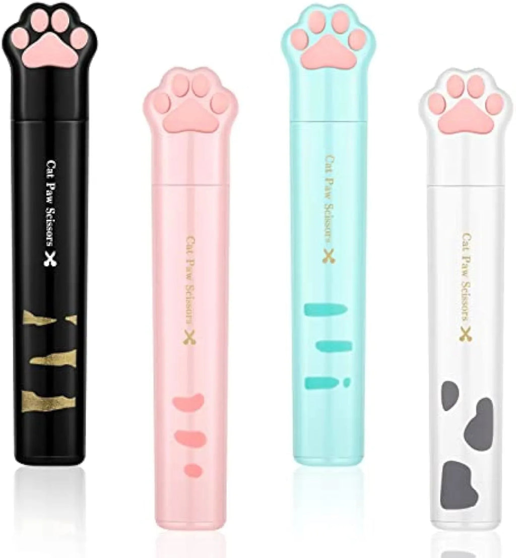 Set of four mini folding scissors with cat paw design in black, blue, pink, and white colours.