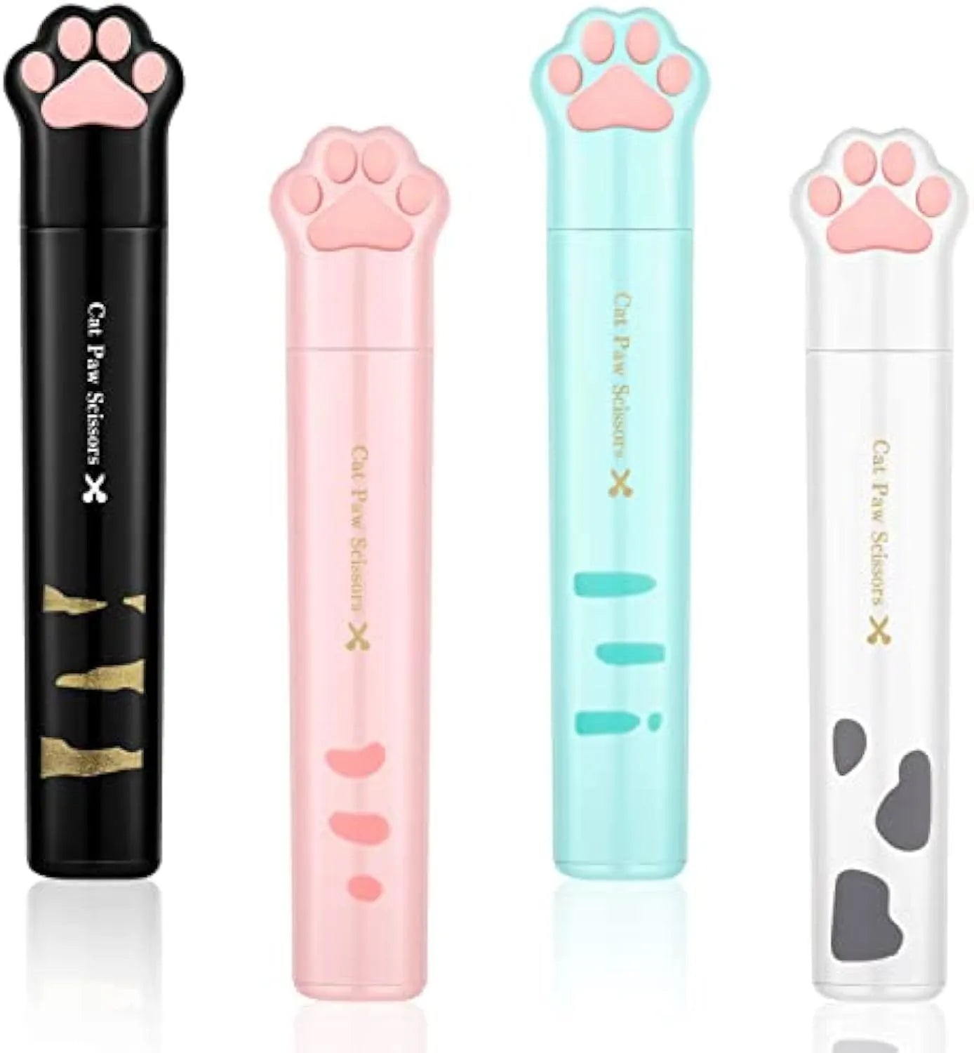 Set of four mini folding scissors with cat paw design in black, blue, pink, and white colours.