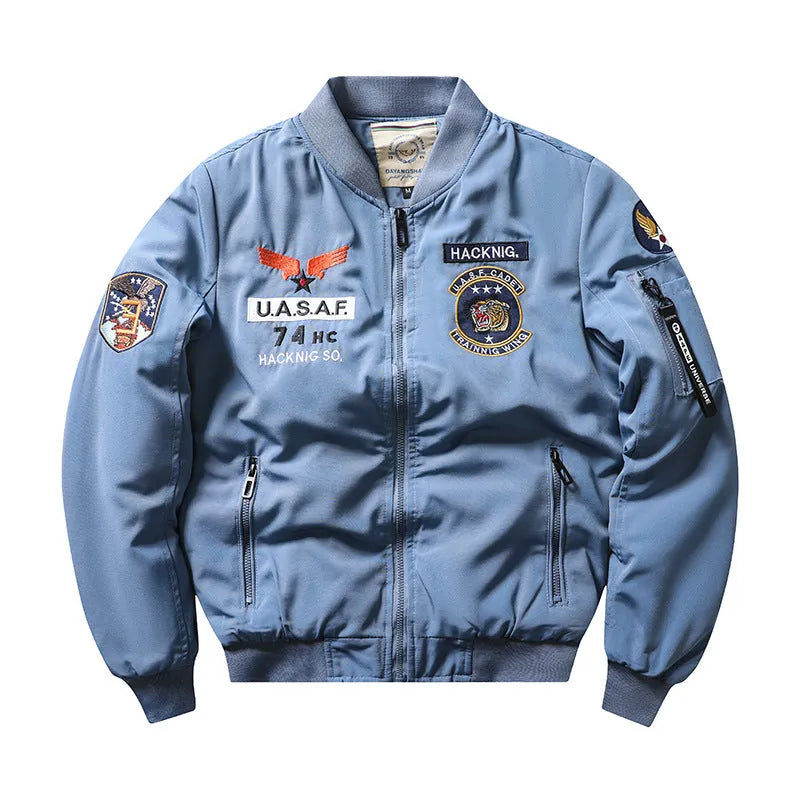 Men's slim-fit stand collar Harley retro embroidery cotton-padded coat in black.
