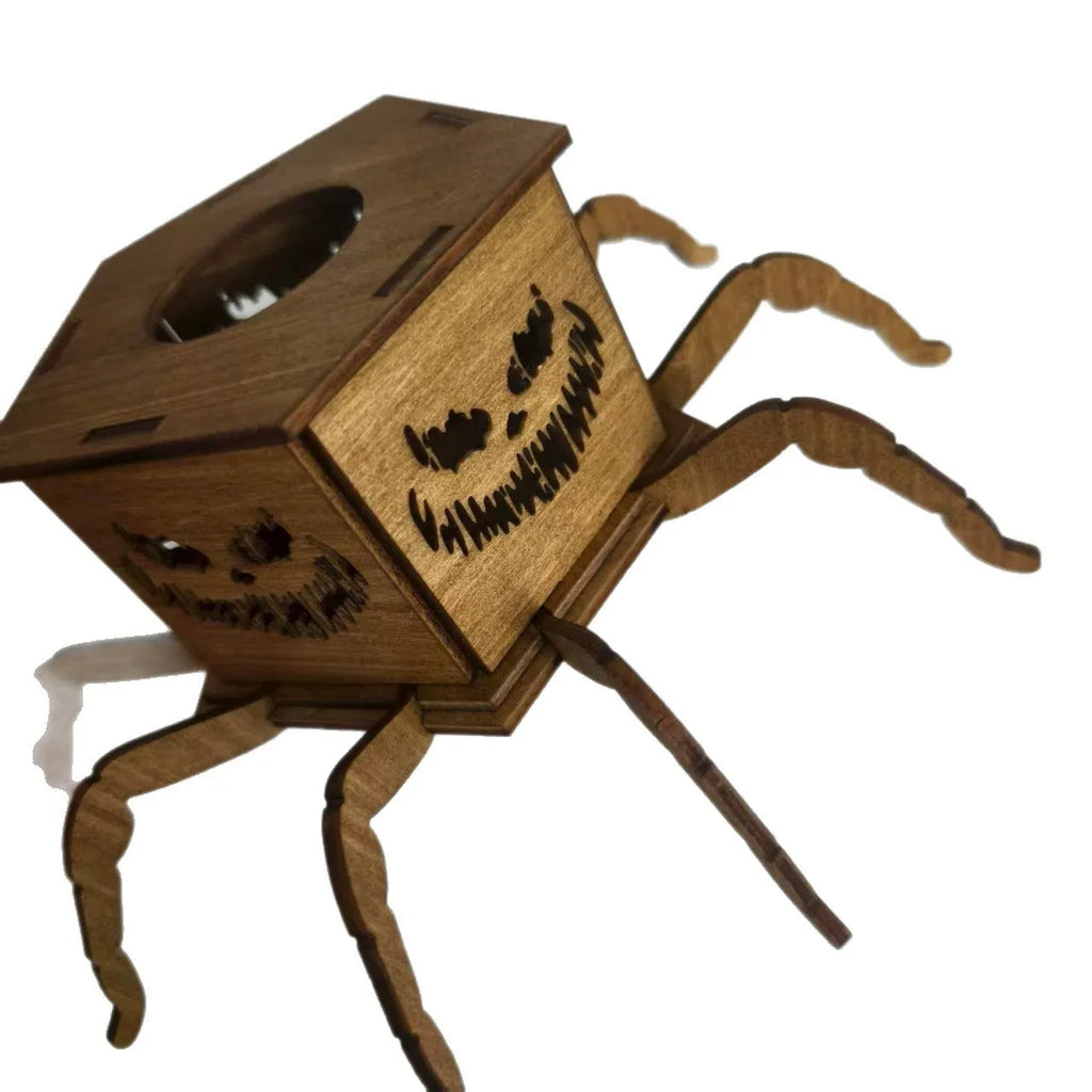 Wooden spider mini lantern Halloween candlestick decoration measuring 21cm by 8.5cm