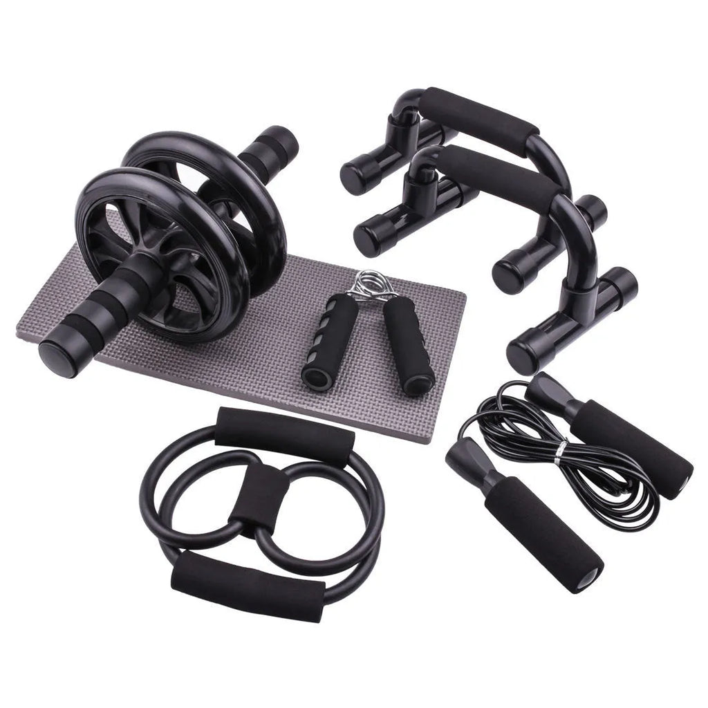 Set of seven abdominal wheels for indoor fitness, shown in red, green, black, and blue colours.