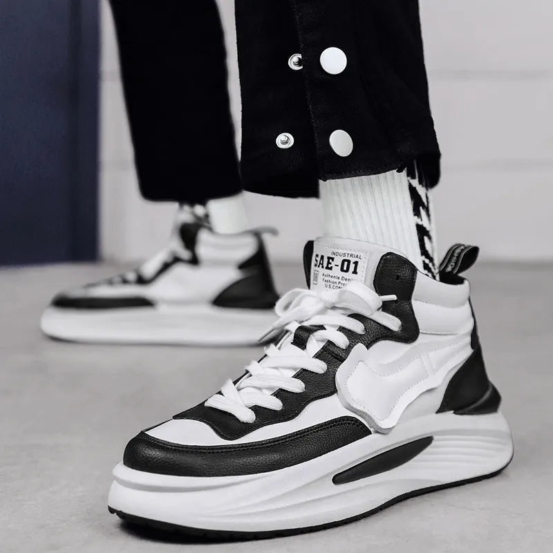 Men's black and white platform high-top board shoes with round toe and wear-resistant PU upper