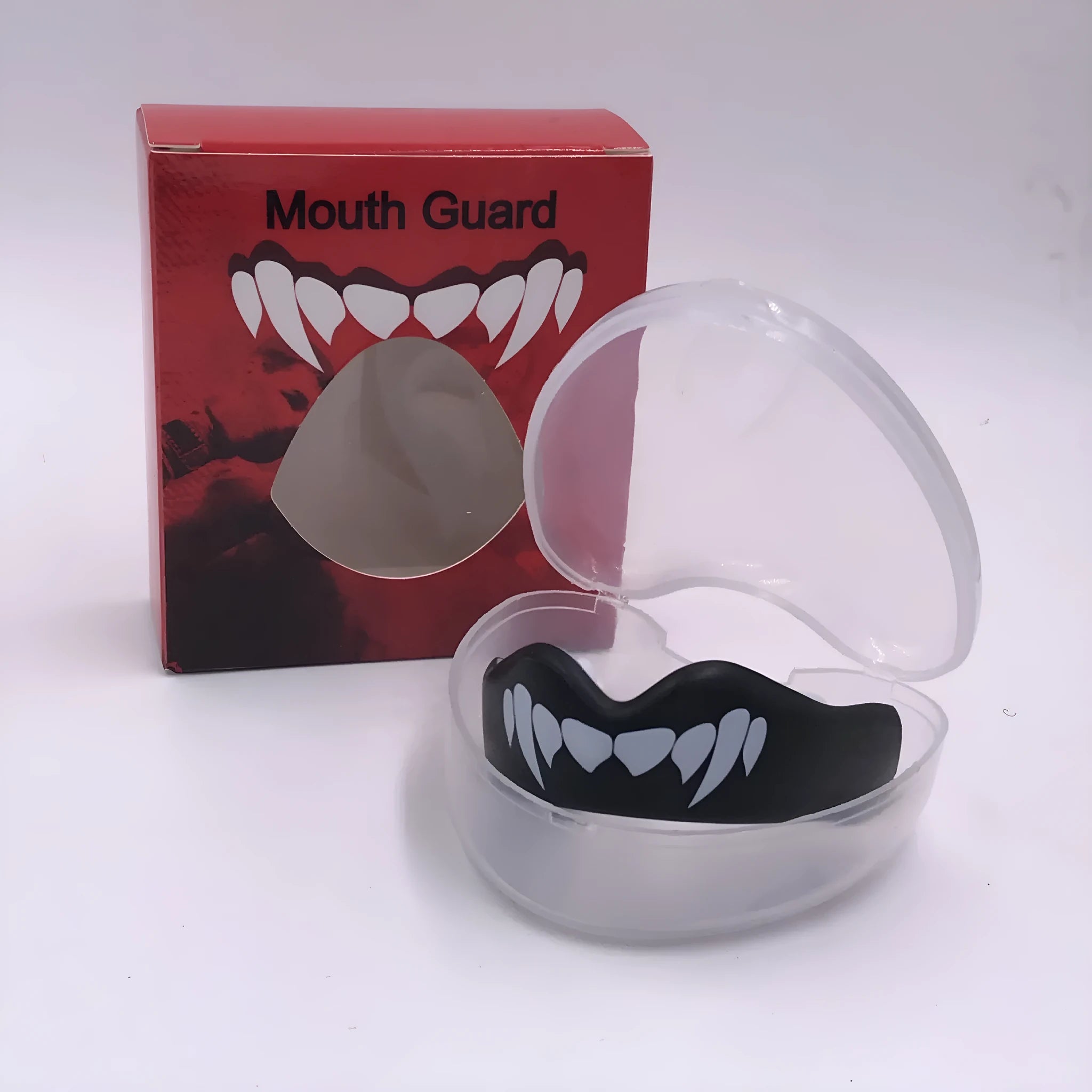 Adult boxing mouthguard with tooth socket free design in black and white printed teeth pattern