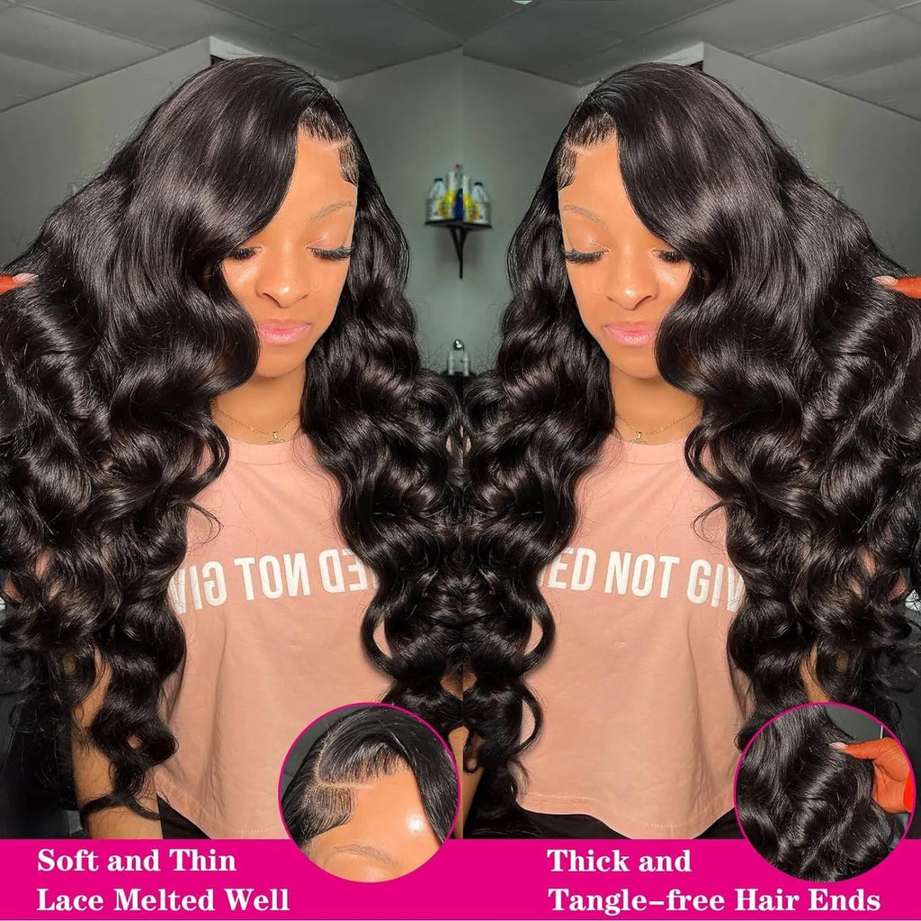 Black medium length curly synthetic wig on display stand showing lace mesh cap and wave pattern