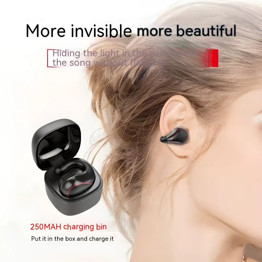 Mini Bluetooth invisible in-ear sports headset with ear hook, shown in Star Black, Local Gold, or Iron Gun Gray