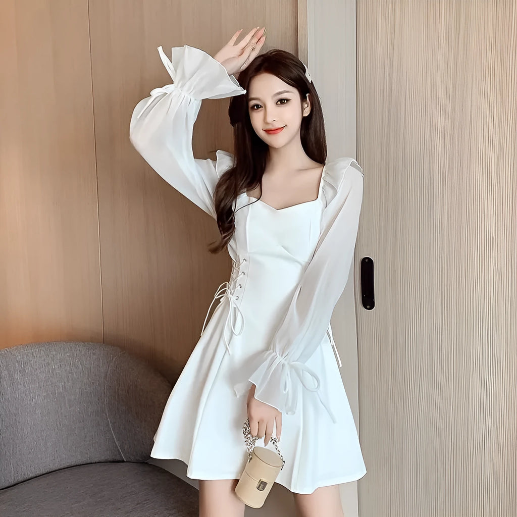 White chiffon patchwork waist-slimming dress with long sleeves and knee-length skirt
