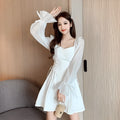 White chiffon patchwork waist-slimming dress with long sleeves and knee-length skirt