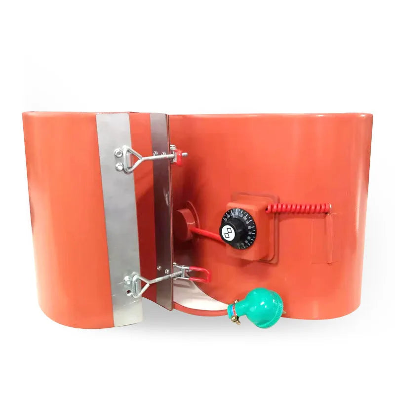 Silicone rubber heating belt wrapped around 200-litre oil drum with control interface