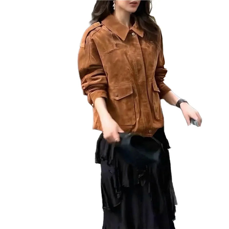 Women's brown suede coat with regular sleeves in street chic style, polyester fabric