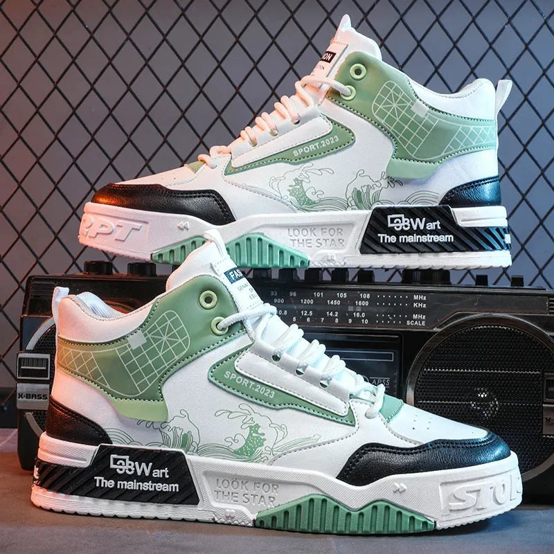 Men's beige high-top board shoes with mesh lining and rubber soles