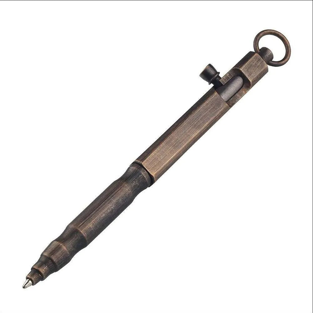 Brass tactical pen with hexagonal bolt design showing natural colour finish and precise machining details