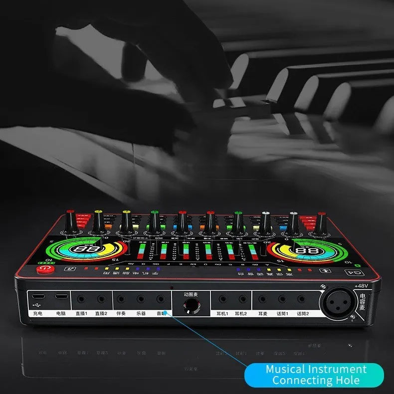 G4 professional audio sound card mixer with colour LCD screen, multiple knobs, and a microphone on a black background.