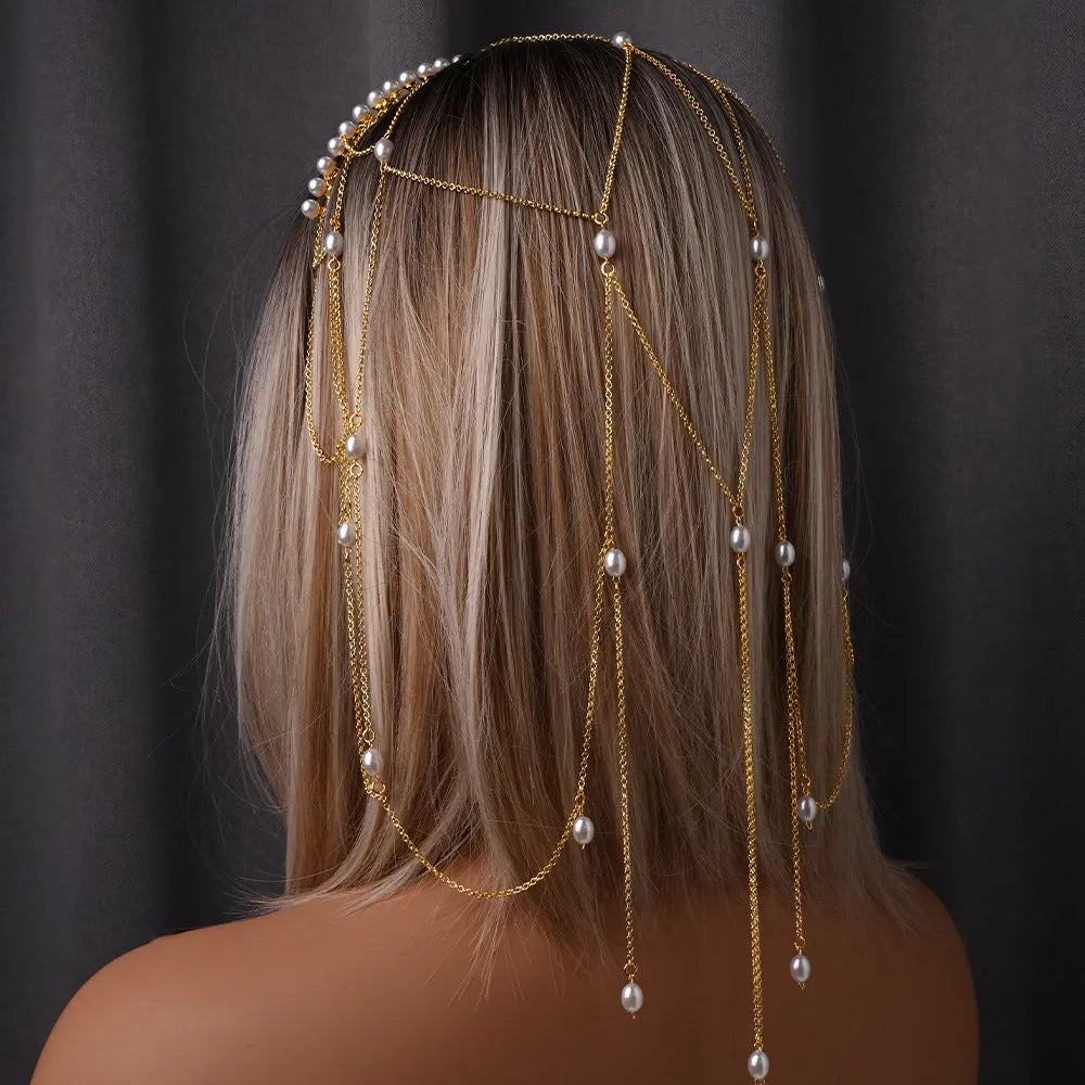 Gold and silver electroplated pearl hair chain with dangling tassels for women's hairstyles