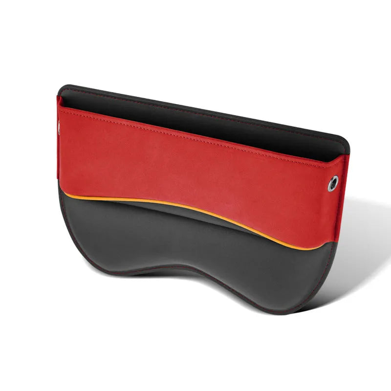 Black leather car seat storage box with a suede finish, shown on a car rear seat.