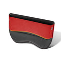 Black leather car seat storage box with a suede finish, shown on a car rear seat.