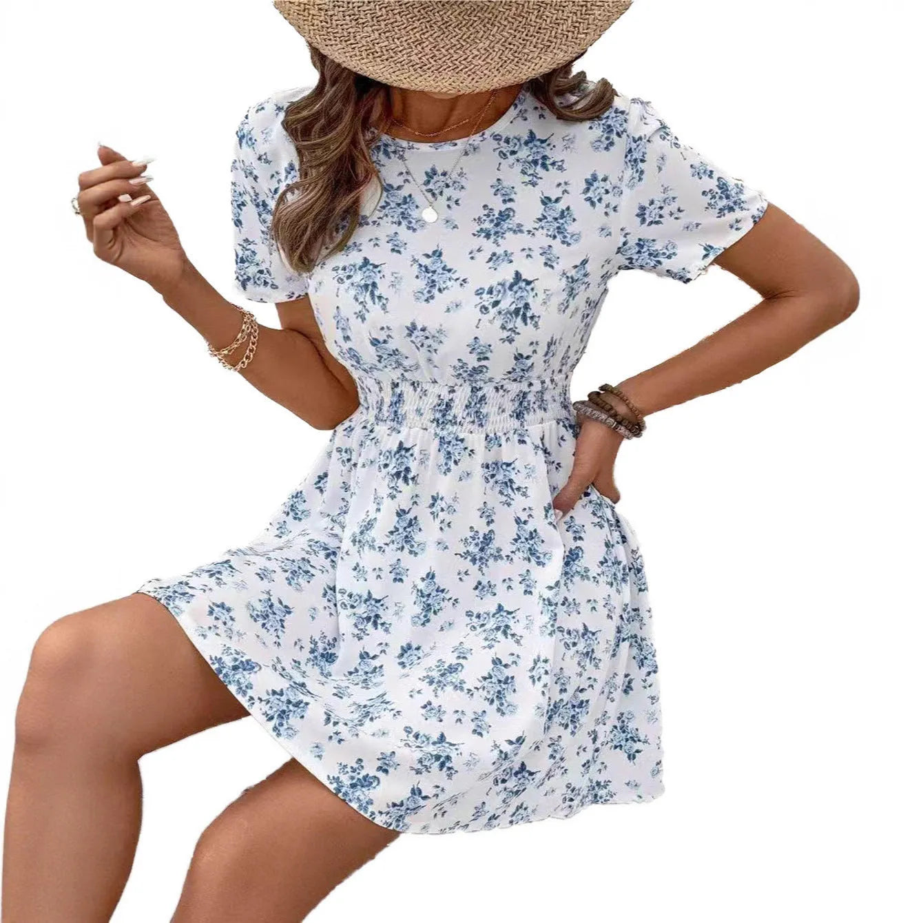 Light blue high waist A-line casual dress with regular sleeves and midi length