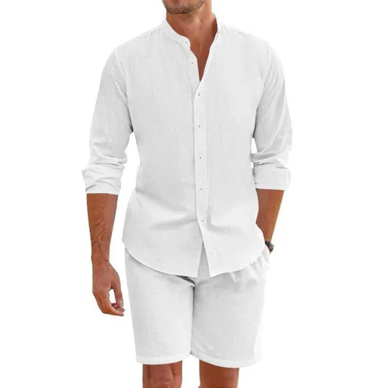 Men's linen-blend button-down shirt and drawstring shorts set in light blue colour