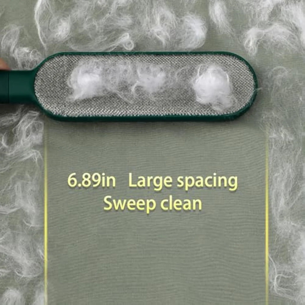 Blue green and white double-sided pet hair remover brush with a storage compartment base.