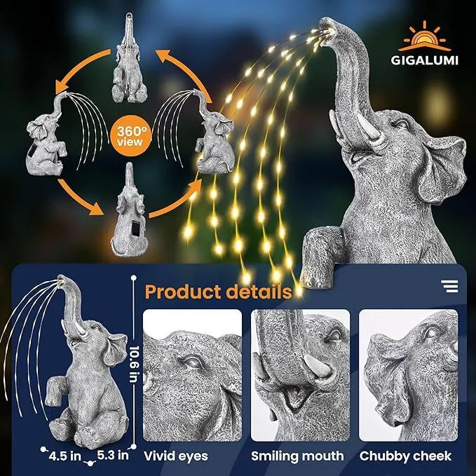 Resin elephant garden statue with integrated LED light strip for outdoor decoration.
