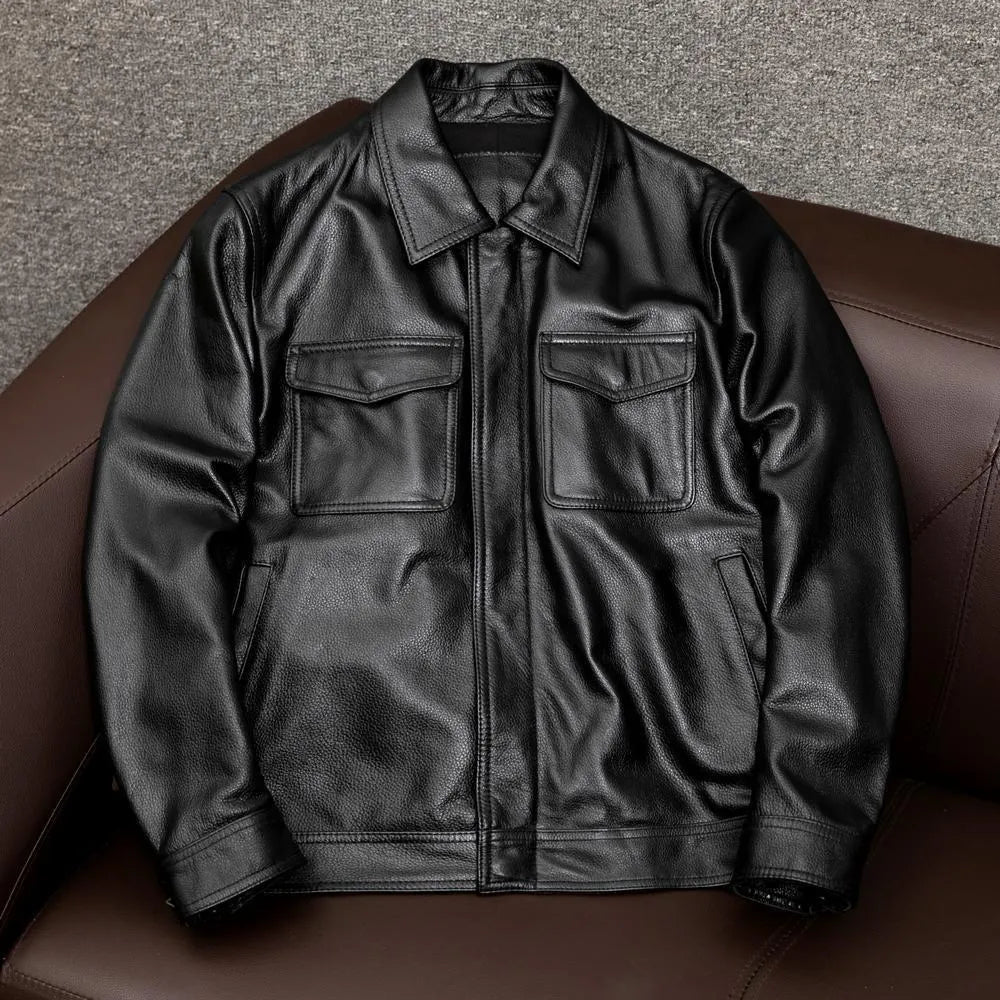 Men's black lapel-collar leather jacket with side pockets shown on model