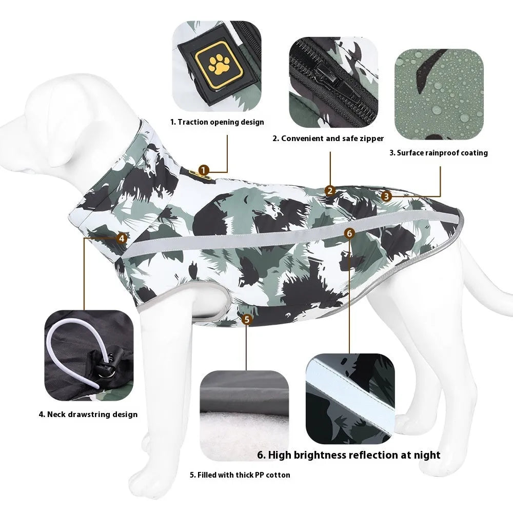 Reflective waterproof dog jacket in Geometric Blue design on a large breed dog.