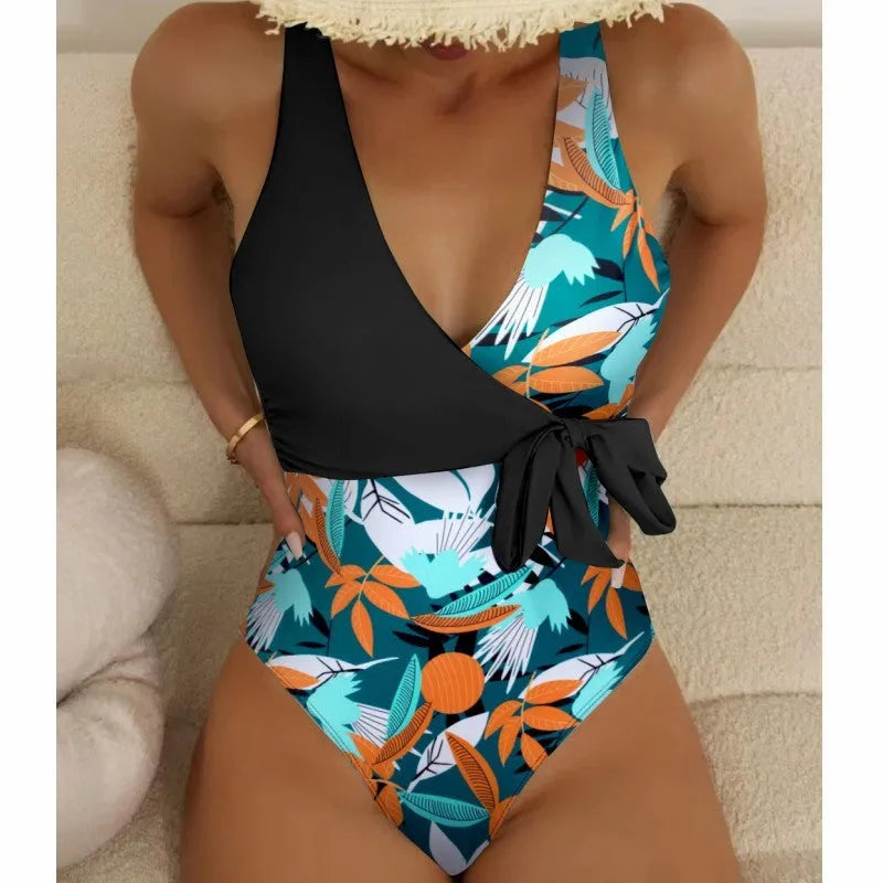 Women's high waist one-piece bikini in a printed pattern, made from quick-dry fabric.