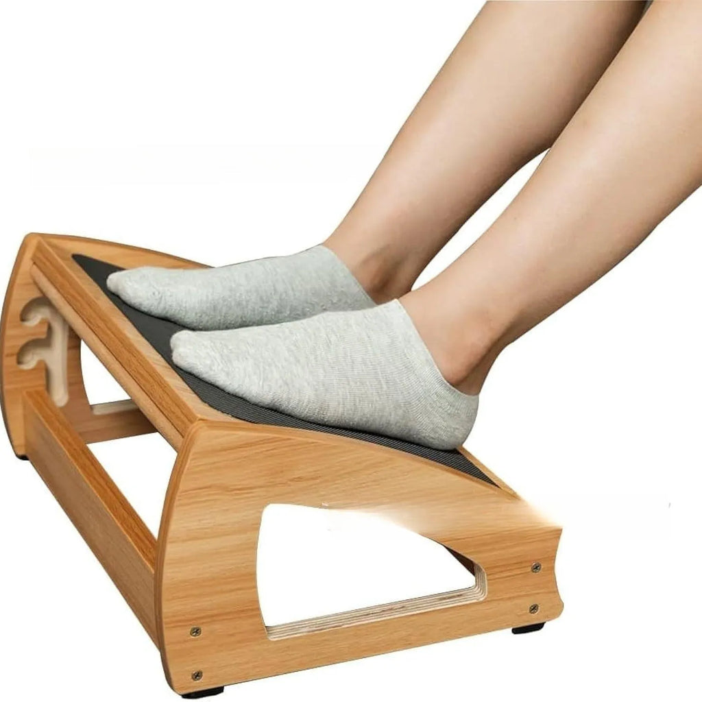 Adjustable bamboo wooden footstool in natural wood colour for office desk ergonomic support