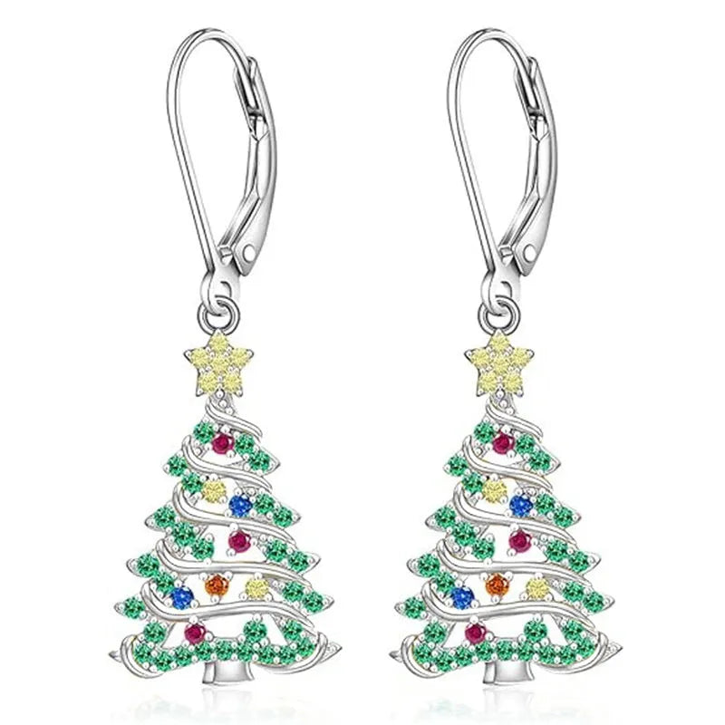 Women's Christmas tree earrings with star pendant in white gold colour